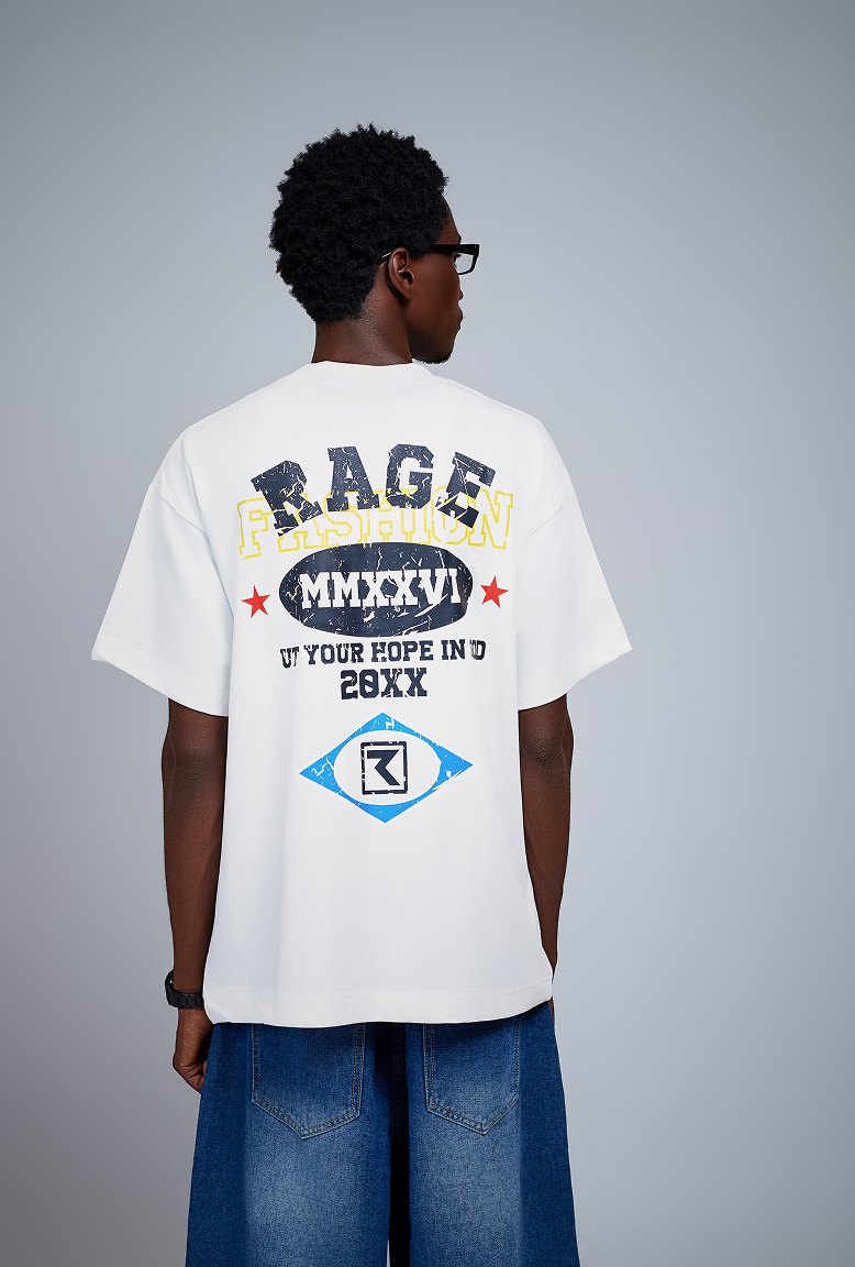 Back view of a white Rage tee with the MMXXVI print